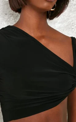 Tall Black Slinky Asymmetric Ruched Side Strappy Top