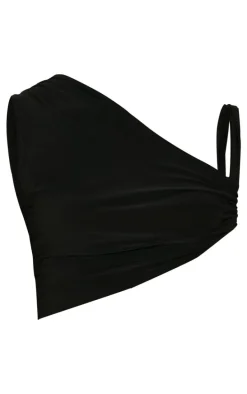 Tall Black Slinky Asymmetric Ruched Side Strappy Top