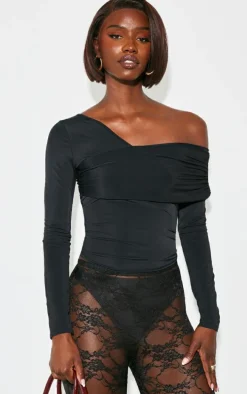 Tall Black Slinky Wrap Front Long Sleeve Top