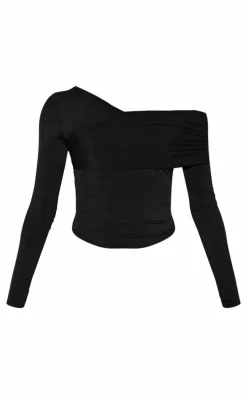 Tall Black Slinky Wrap Front Long Sleeve Top