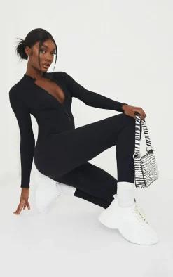 Tall Black Structured Snatched Rib Jumpsuit