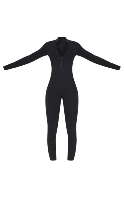 Tall Black Structured Snatched Rib Jumpsuit