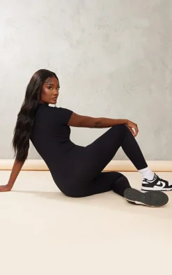 Tall Black Structured Snatched Rib Short Sleeve Jumpsuit