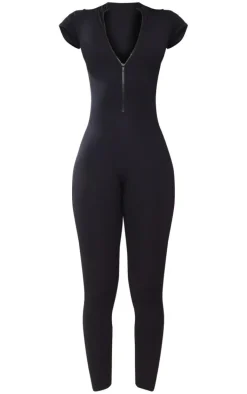 Tall Black Structured Snatched Rib Short Sleeve Jumpsuit