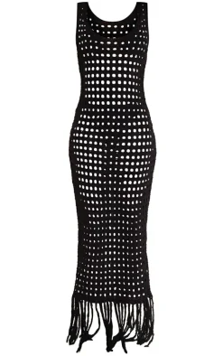 Tall Black Tassel Hem Crochet Maxi Dress