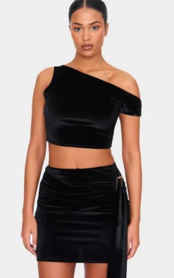 Tall Black Velvet Asymmetric Crop Top