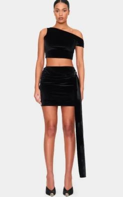 Tall Black Velvet Asymmetric Crop Top