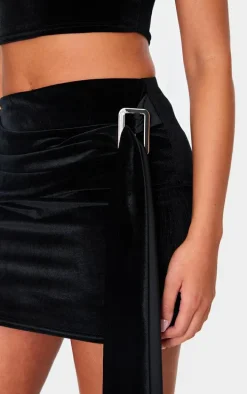 Tall Black Velvet Buckle Detail Mini Skirt