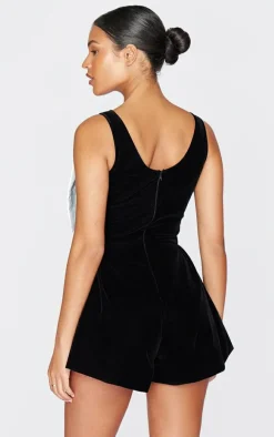 Tall Black Velvet Sleeveless Bow Detail Romper