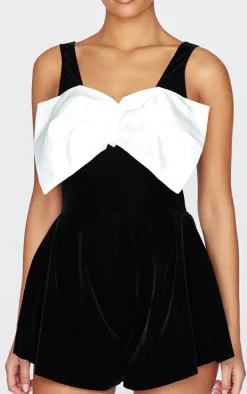 Tall Black Velvet Sleeveless Bow Detail Romper