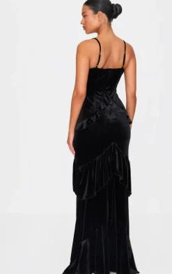 Tall Black Velvet Textured Frill Maxi Dress
