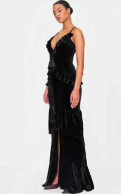 Tall Black Velvet Textured Frill Maxi Dress