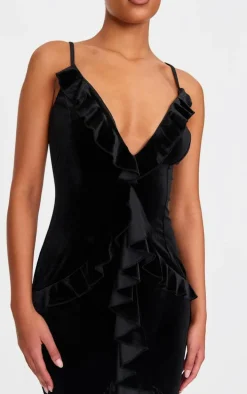 Tall Black Velvet Textured Frill Maxi Dress