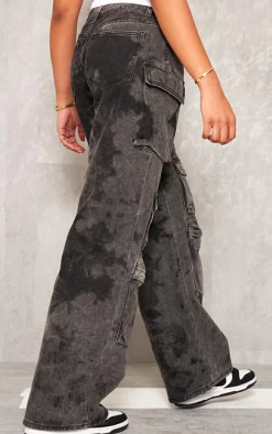 Tall Black Washed Denim Cargo Low Rise Wide Leg Jeans