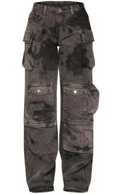 Tall Black Washed Denim Cargo Low Rise Wide Leg Jeans