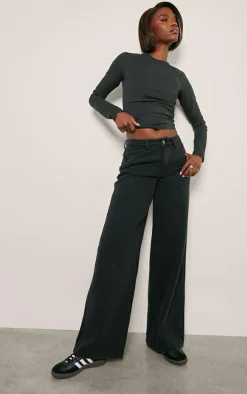 Tall Black Washed Mid Rise Wide Leg Jeans