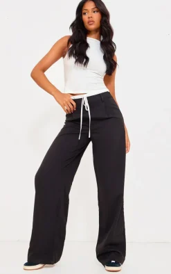 Tall Black Woven Double Waistband Tailored Pants