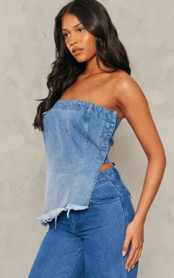 Tall Blue Bandeau Ombre Denim Asymmetric Hem Top
