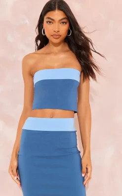Tall Blue Contrast Fold Over Bandeau Top