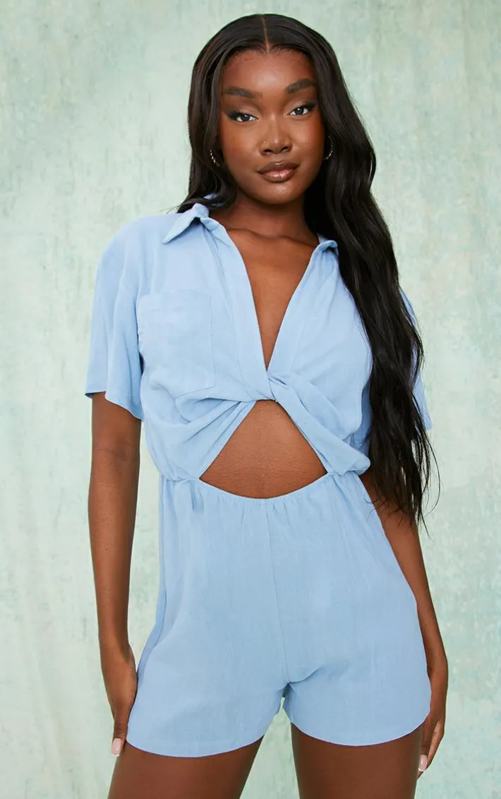 Tall Blue Grey Linen Look Collar Twist Romper