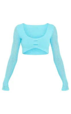 Tall Blue Knitted Long Sleeve Crop Top
