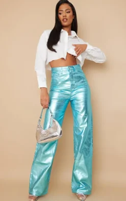 Tall Blue Metallic High Waist Straight Leg Jeans