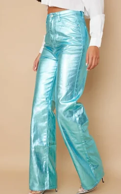 Tall Blue Metallic High Waist Straight Leg Jeans
