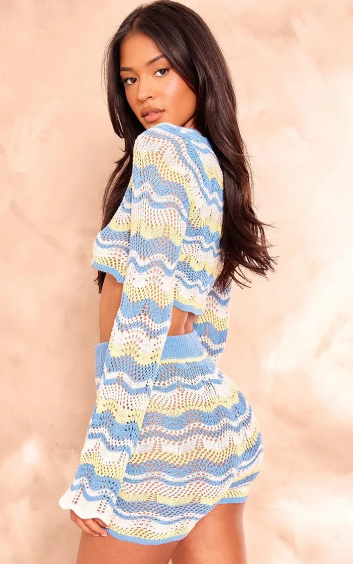 Tall Blue Open Knit Long Sleeve Crop Top