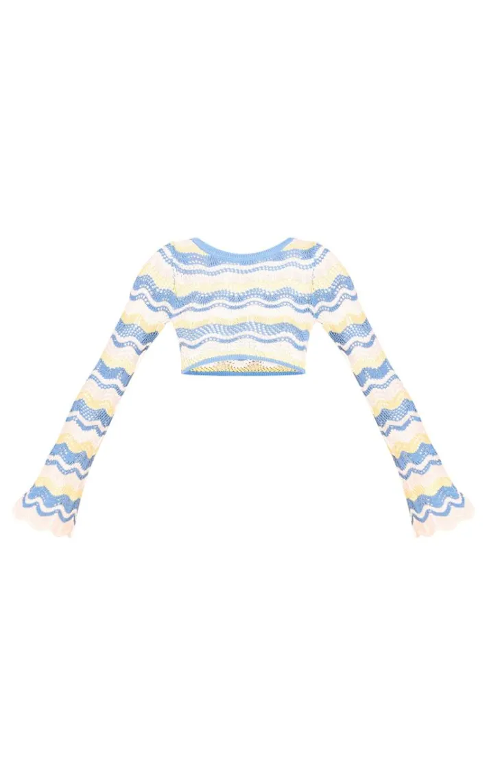 Tall Blue Open Knit Long Sleeve Crop Top