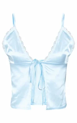 Tall Blue Satin Lace Trim Tie Front Crop Top