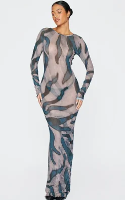 Tall Brown Abstract Print Crinkle Mesh Maxi Dress