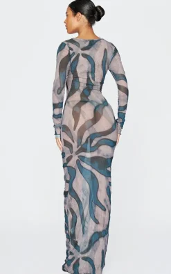 Tall Brown Abstract Print Crinkle Mesh Maxi Dress