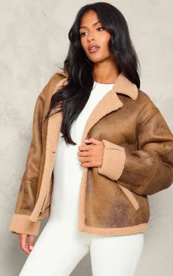 Tall Brown Distressed Look Faux Leather Borg Lined Aviator Jacket