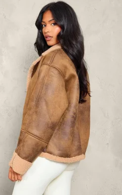 Tall Brown Distressed Look Faux Leather Borg Lined Aviator Jacket