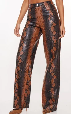 Tall Brown Faux Leather Snake Print Wide Leg Pants