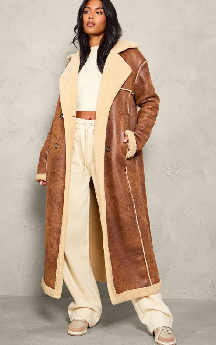 Tall Brown Faux Suede Borg Trim Maxi Coat