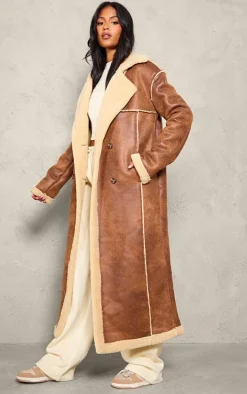 Tall Brown Faux Suede Borg Trim Maxi Coat