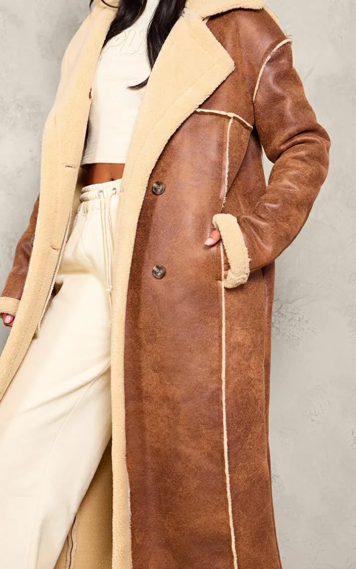 Tall Brown Faux Suede Borg Trim Maxi Coat