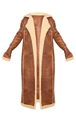 Tall Brown Faux Suede Borg Trim Maxi Coat