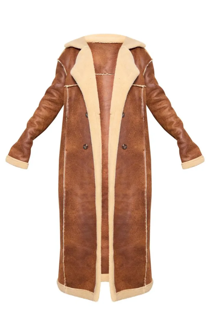 Tall Brown Faux Suede Borg Trim Maxi Coat
