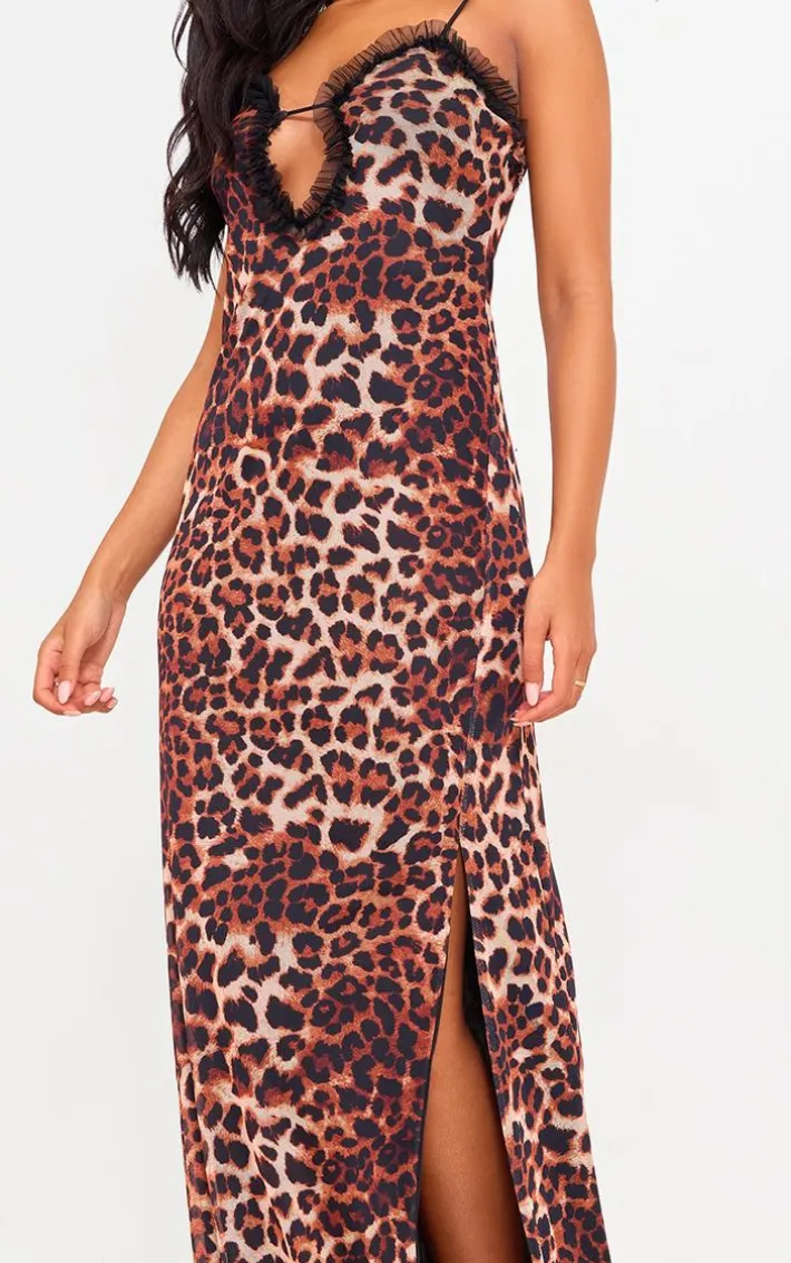 Tall Brown Leopard Mesh Maxi Dress