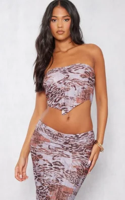 Tall Brown Leopard Print Plisse Ruched Front Crop Top