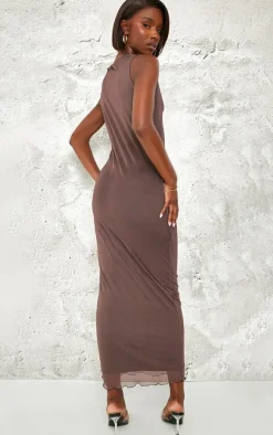 Tall Brown Printed Mesh Floral Print Midaxi Dress