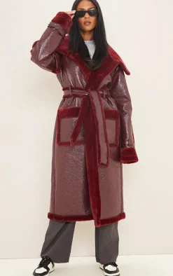 Tall Burgundy Vinyl Contrast Faux Fur Midi Coat