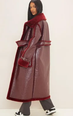 Tall Burgundy Vinyl Contrast Faux Fur Midi Coat