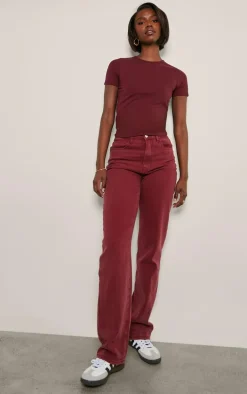 Tall Burgundy Washed High Waist Straight Leg Jeans