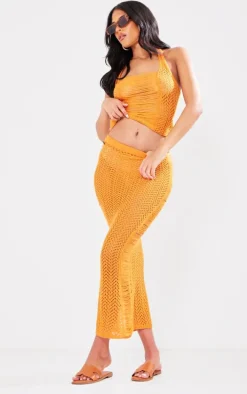 Tall Burnt Orange Open Knit Distressed Detail Halterneck Top