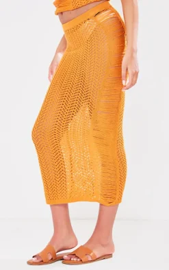 Tall Burnt Orange Open Knit Distressed Detail Midi Skirt
