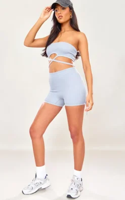 Tall Charcoal Blue Mid Tie Waist Detail Snatched Rib Romper