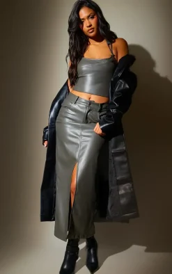 Tall Charcoal Faux Leather Halterneck Crop Top